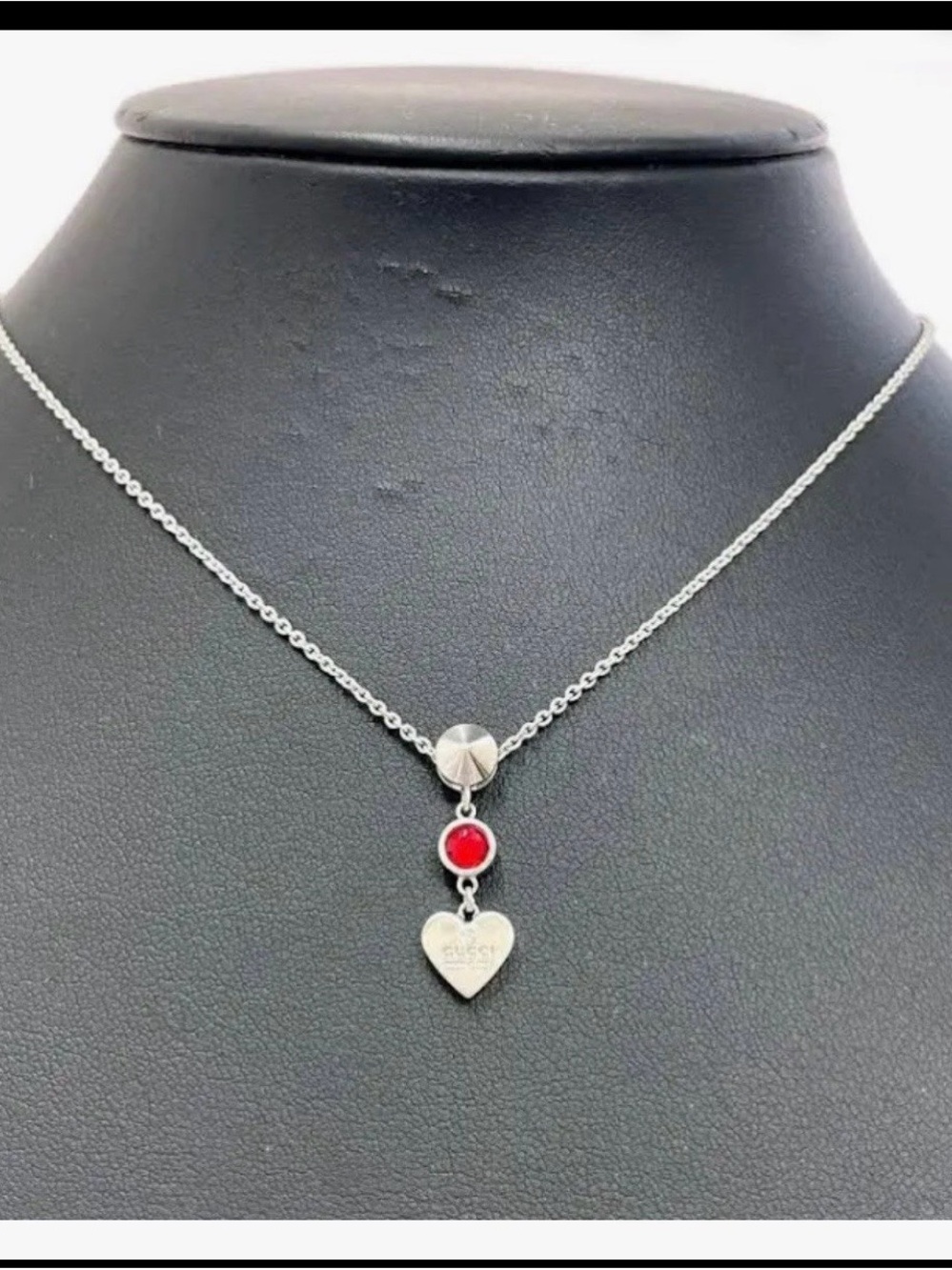 Gucci Silver Heart Pendant Necklace with Red Gem